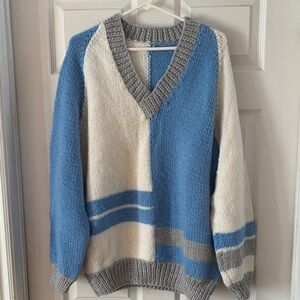 Blue and White Hand Knit Sweater